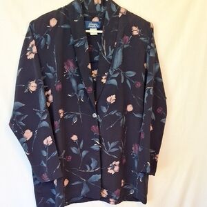 Basic NANCY 11 Womens Size 16P Navy Floral Silk Blazer. Cream, Green